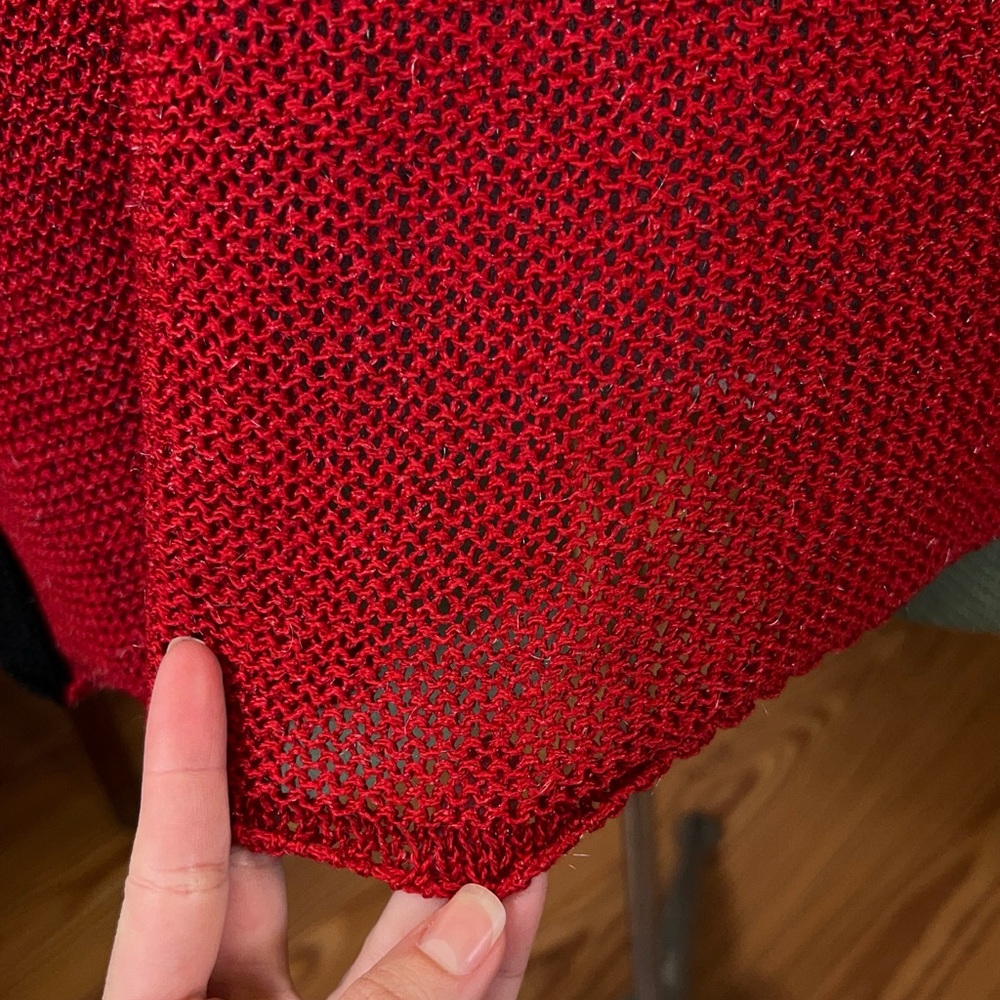 Vintage Red and Black Asymmetrical color block Linen Knit Sheer Mesh Top - Picture 5 of 8